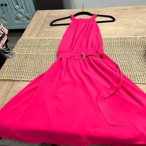 Loft pink lined halter dress w/belt-size 12-100% polyester